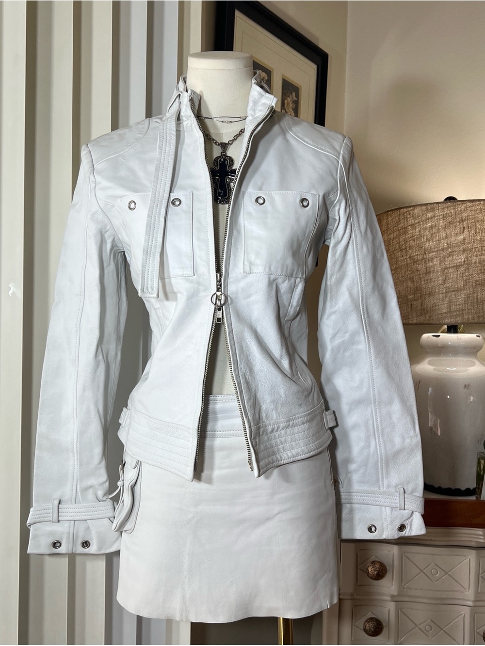 Vintage Rare Bebe White Leather Zip-Up Women's Jacket and Skirt Set